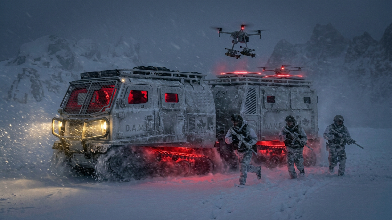 Voyager D12 in arctic defence configuration with dismounted troops and drones