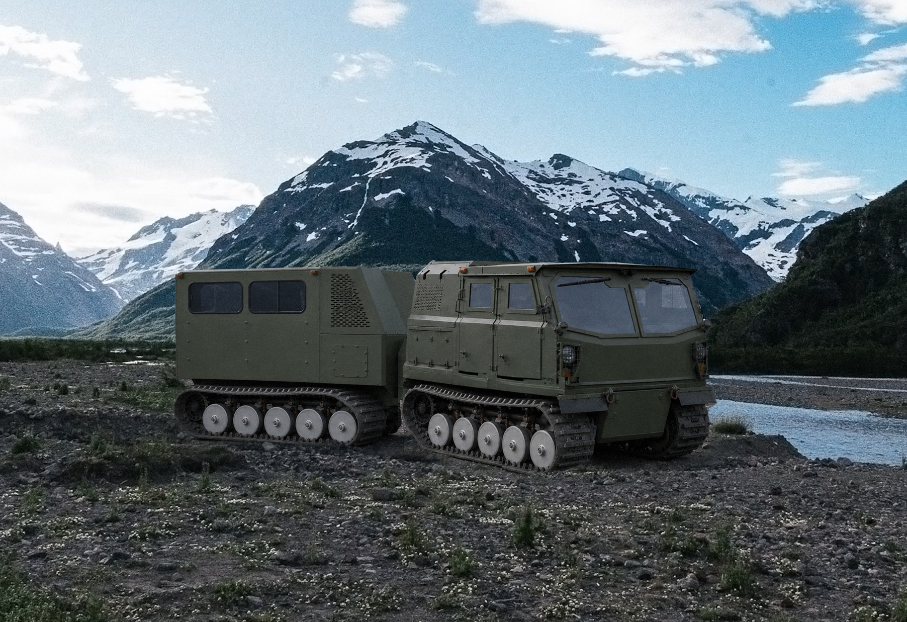 Voyager D12 parked in a mountainous river valley