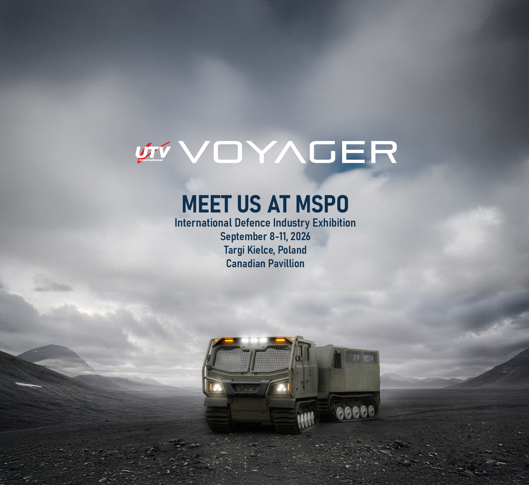 Voyager D12 tracked carrier under storm clouds with Meet us at MSPO 2026 messaging